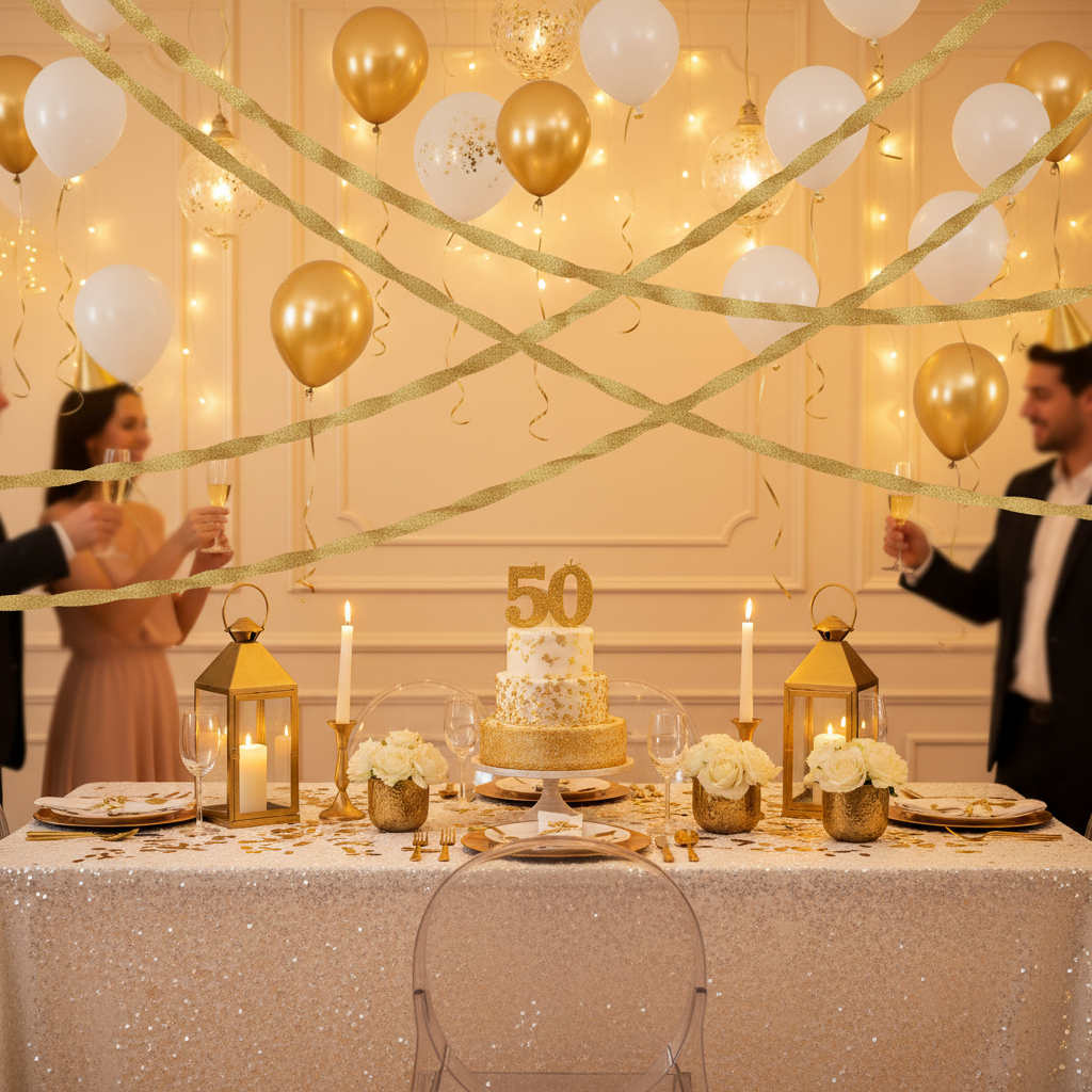 Gold streamers at 50th birthday party celebration