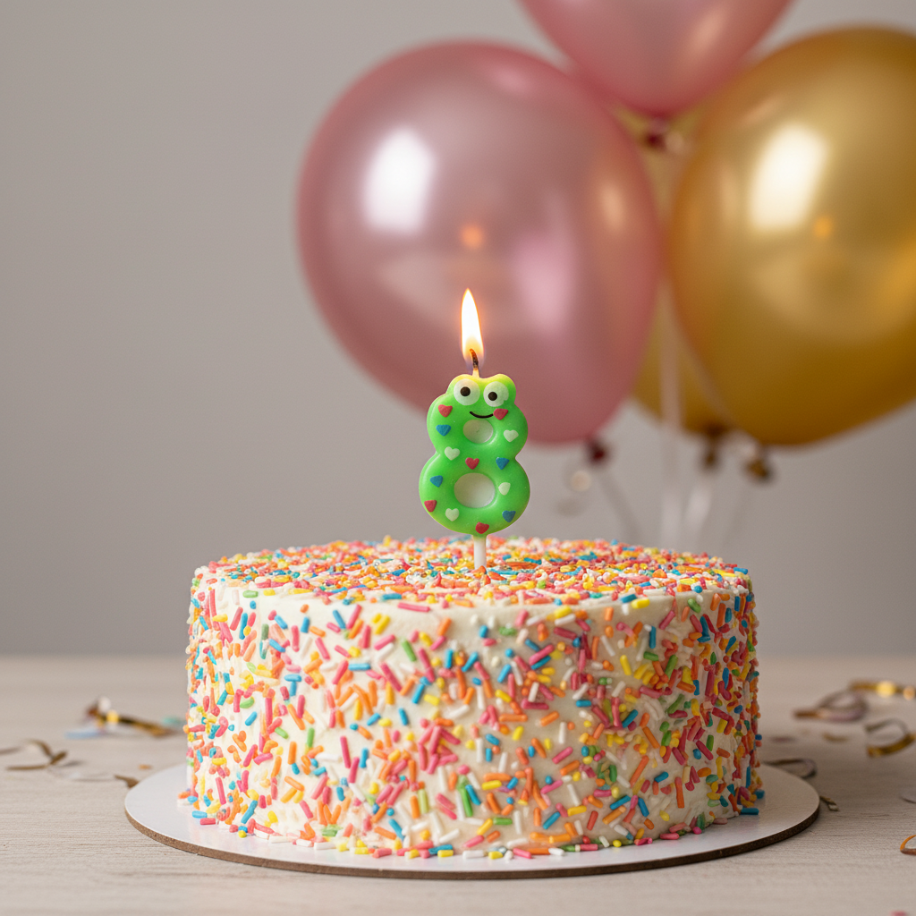 Number 8 Stick Candle on white birthday cake