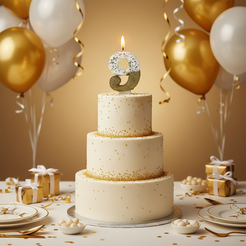 Semi glitter gold and white number 9 candle lit on white frosted birthday cake with gold balloons
