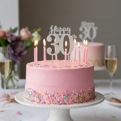 Happy 30th silver acrylic cake topper on pink birthday cake with white frosting and candles