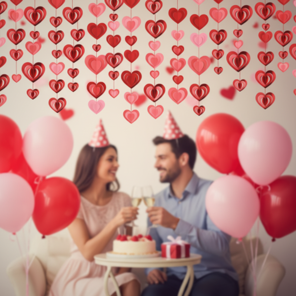 3D red heart rotating paper decorations as romantic backdrop at birthday anniversary celebration