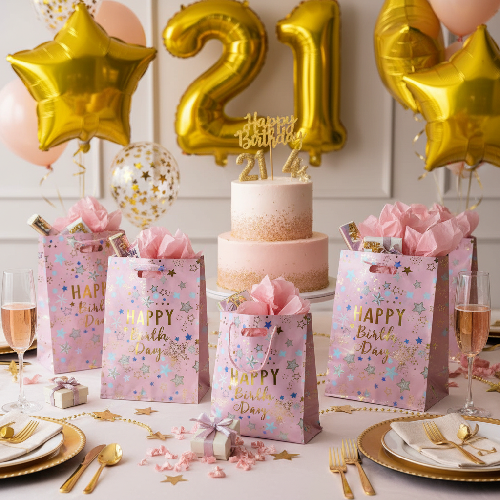 Happy Birthday Starry Affairs Pink Bags at Pink and Gold Birthday Party Table