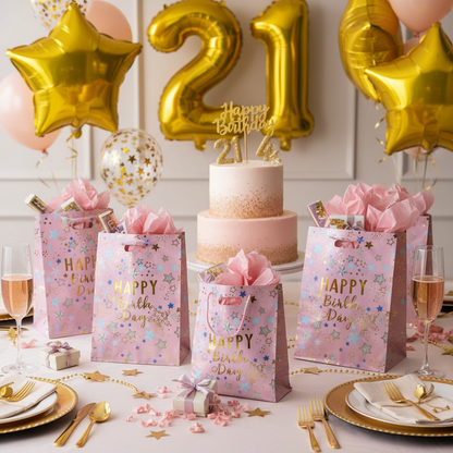 Happy Birthday Starry Affairs Pink Bags at Pink and Gold Birthday Party Table