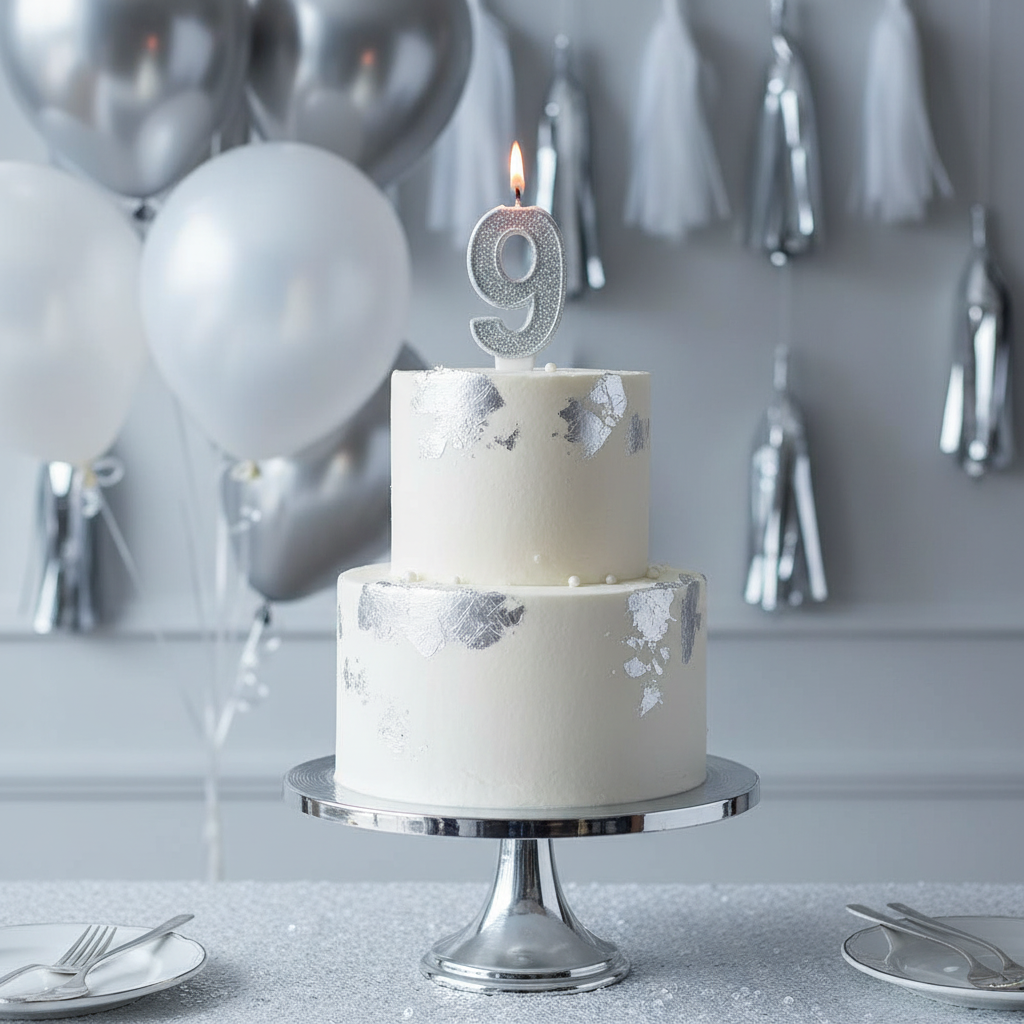 Silver glitter number 9 candle lit on white frosted birthday cake with silver balloons