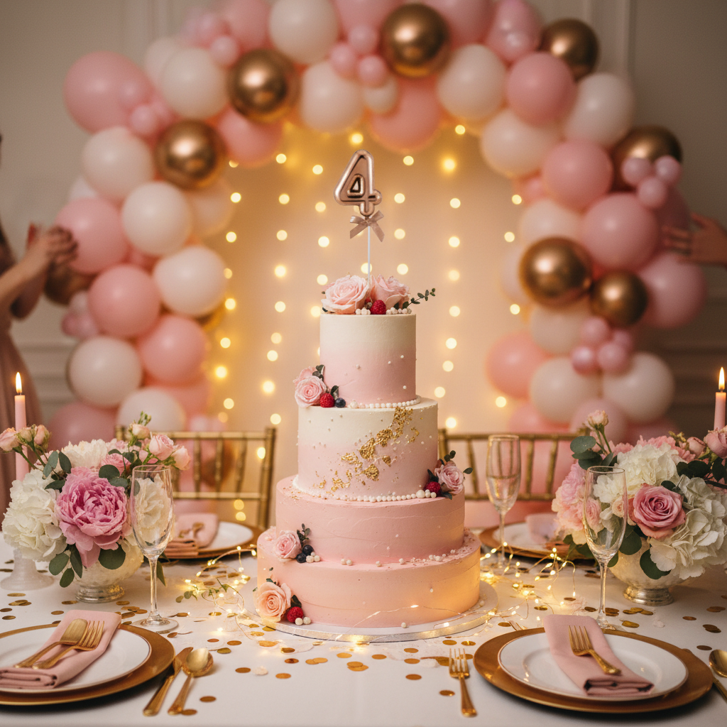 Rose gold number 4 cake topper on tiered birthday cake with pink gold balloons and flowers