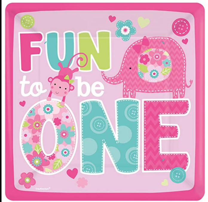 1st Birthday Girl Animal Theme Pink Square Paper Plates - 10inches - 8PC