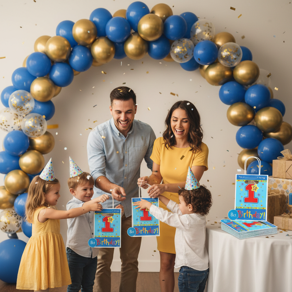 Hugs and Stitches Boy 1st Birthday Loot Bags at Family Birthday Celebration