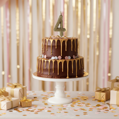 Golden glitter number 4 candle on chocolate cake with gold drip and confetti