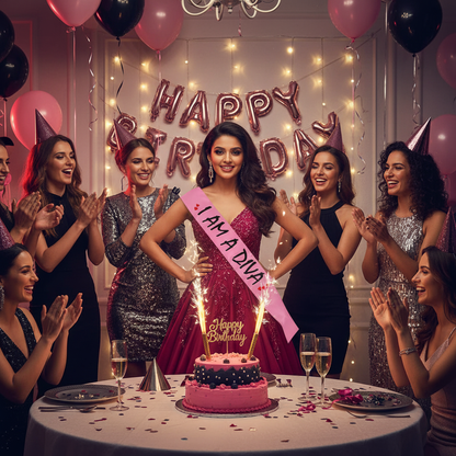 Glamorous Indian birthday girl wearing I AM A DIVA sash at birthday dinner celebration