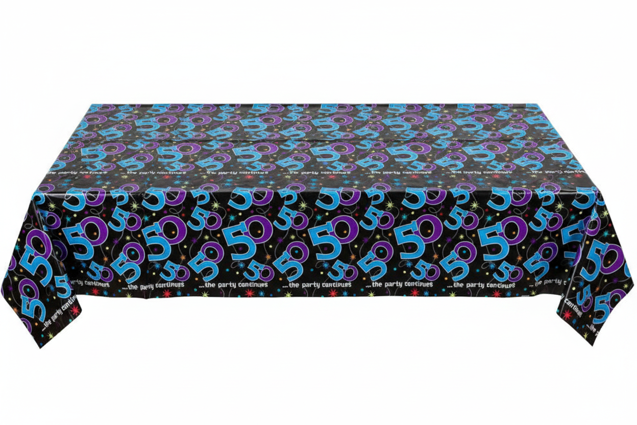 50th Birthday Plastic Tablecover flat lay top view