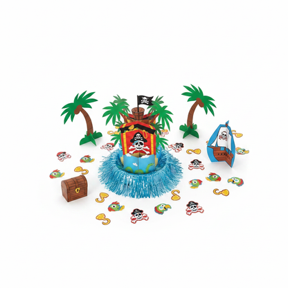 Pirate theme table decoration 27PC set flat lay showing pirate ship centerpiece palm trees treasure chest and skull crossbones confetti