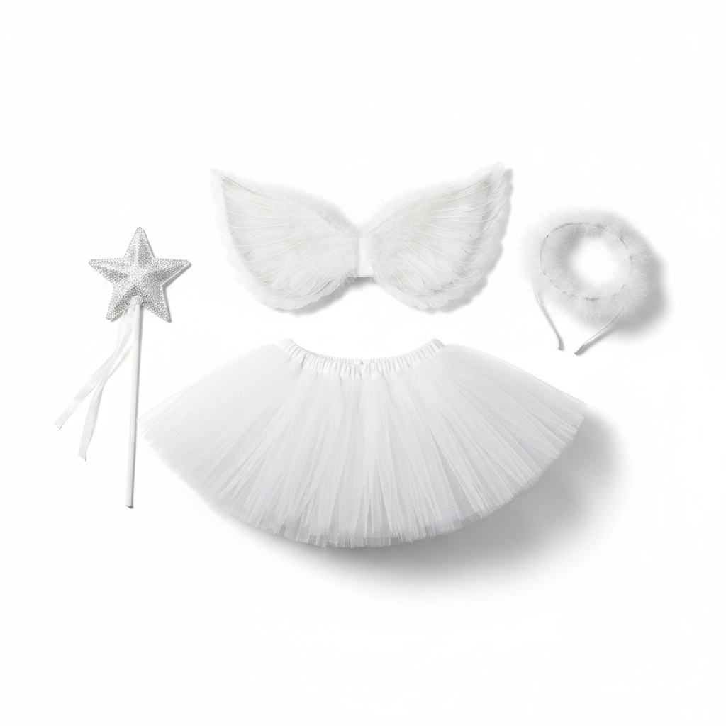White angel kids costume flat lay with tutu skirt feather wings star wand and halo headband