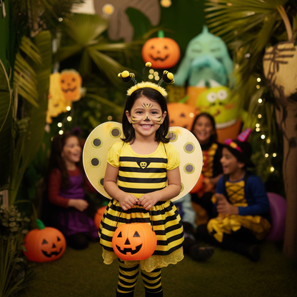 Adorable young girl in yellow black honey bee fancy dress costume with polka dot wings at Halloween theme party