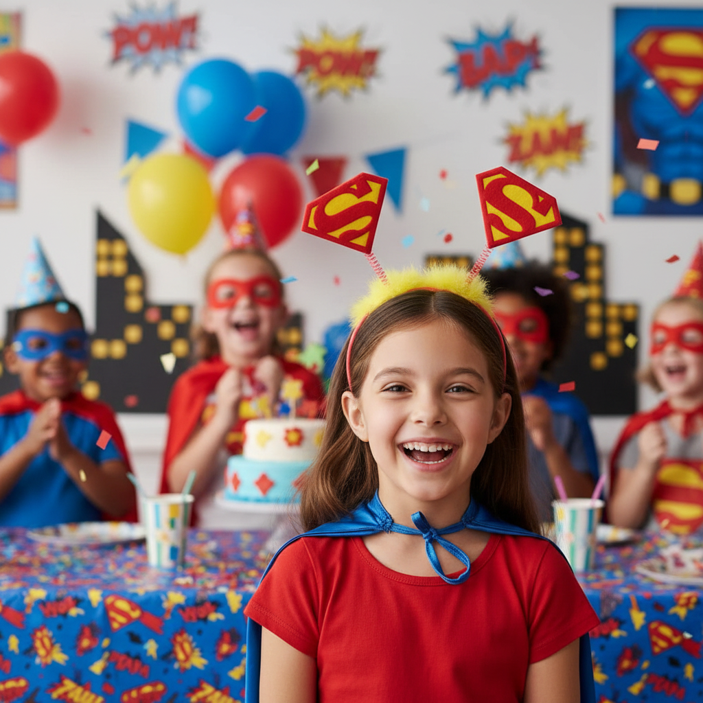 Superwoman Headband worn at Superhero Birthday Party