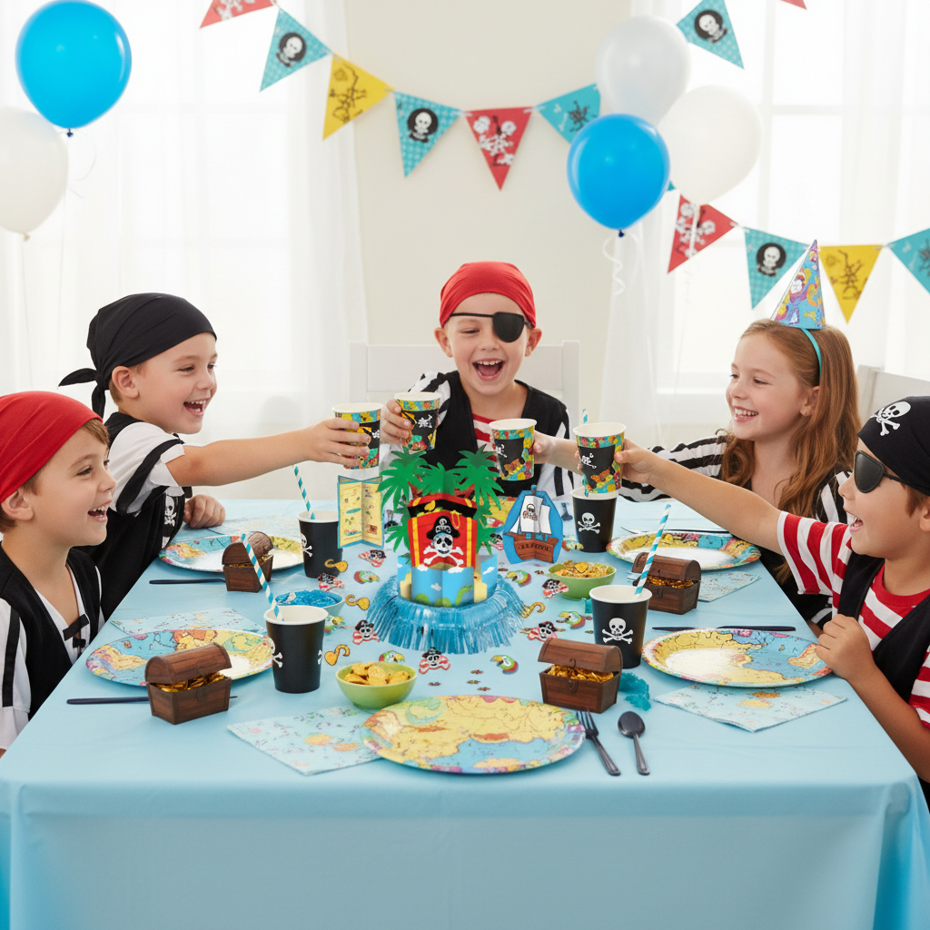 Kids pirate adventure birthday party table setup with colorful pirate ship centerpiece palm trees treasure chest and pirate confetti