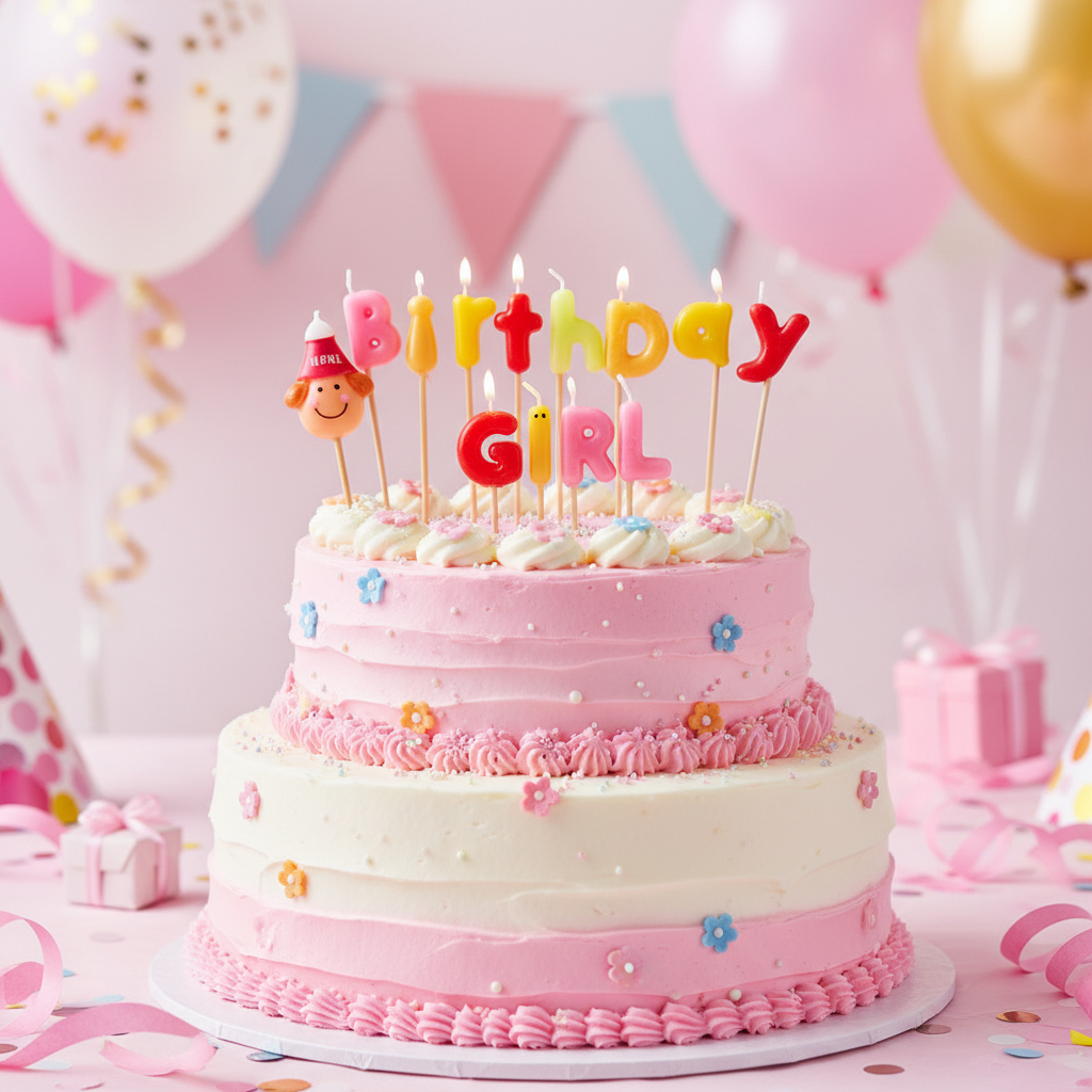 Colorful Birthday Girl letter candles on pink white birthday cake with balloons and festive decorations