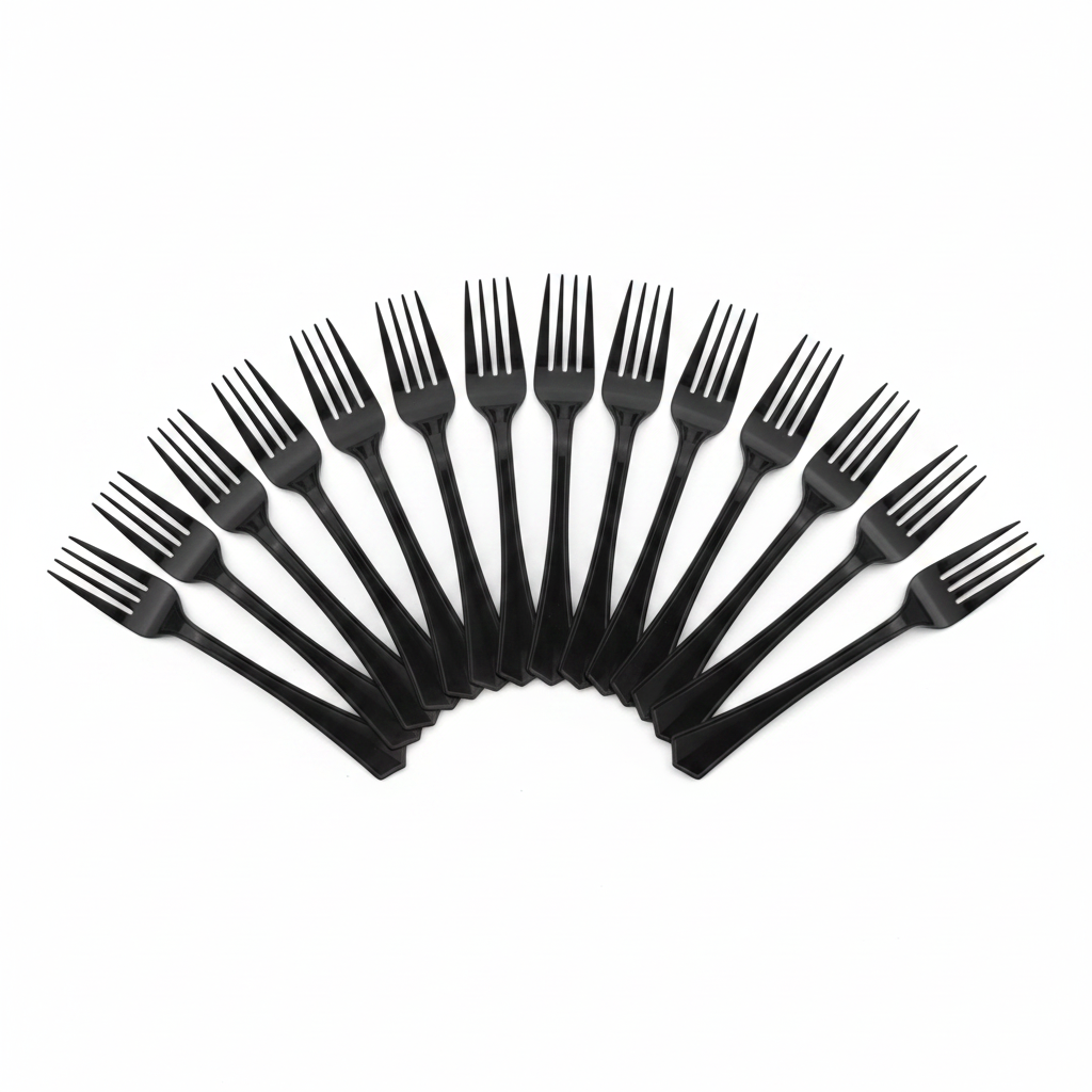 Black disposable plastic forks flat lay on white background neatly arranged premium black party cutlery 10 piece set