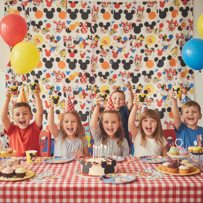 Happy children holding Mickey Mouse cups at a Disney themed birthday party
