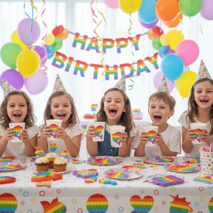 Kids Holding Rainbow Unicorn Pop It Theme Paper Cups at Pop It Birthday Party