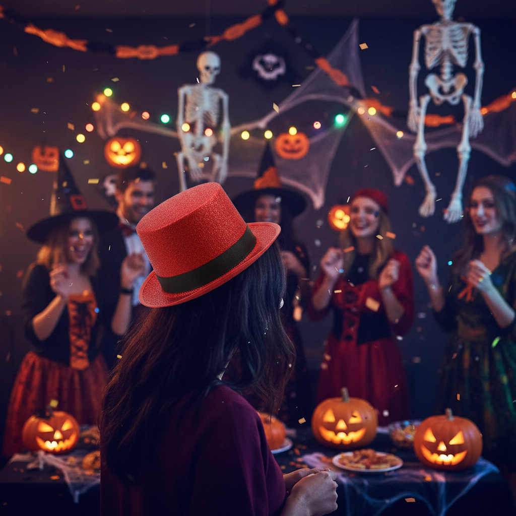 Red Round Small Top Hat worn at Halloween Costume Party