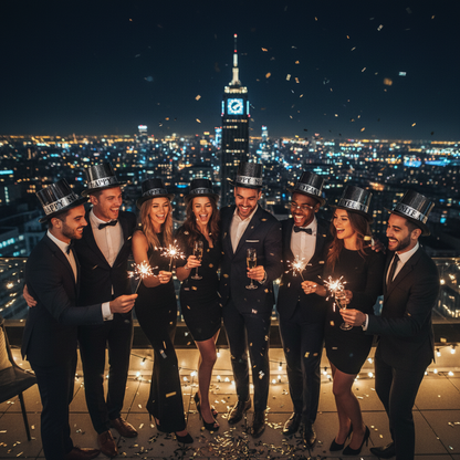 Happy New Year Black Top Hat worn at Rooftop Countdown Party