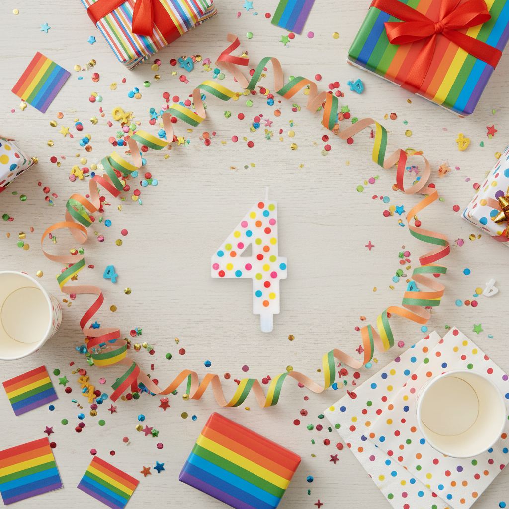 Multicolor polka dot number 4 candle flat lay with streamers gift boxes and rainbow party decor