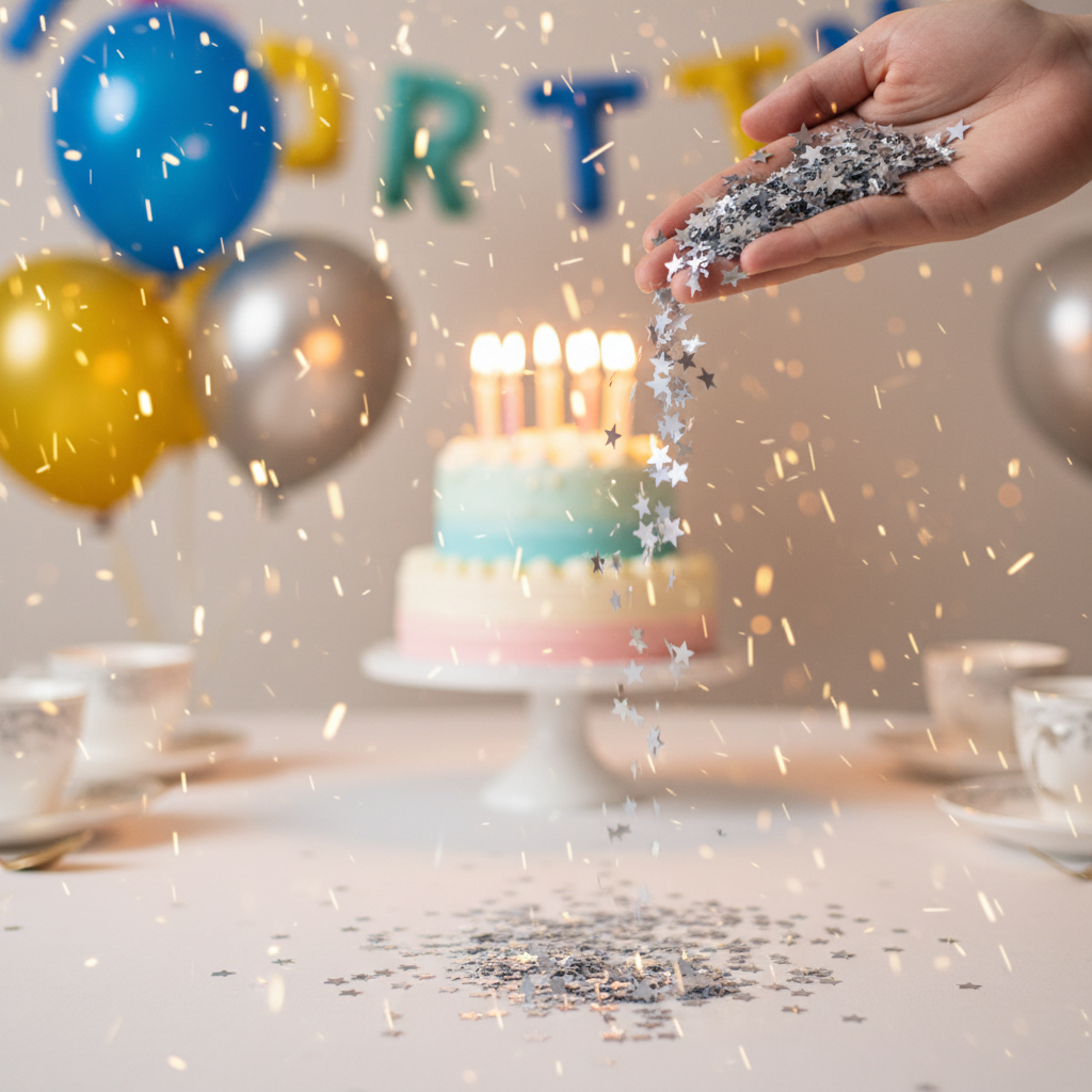 Silver metallic star confetti being poured from hand onto party table with birthday cake and balloons