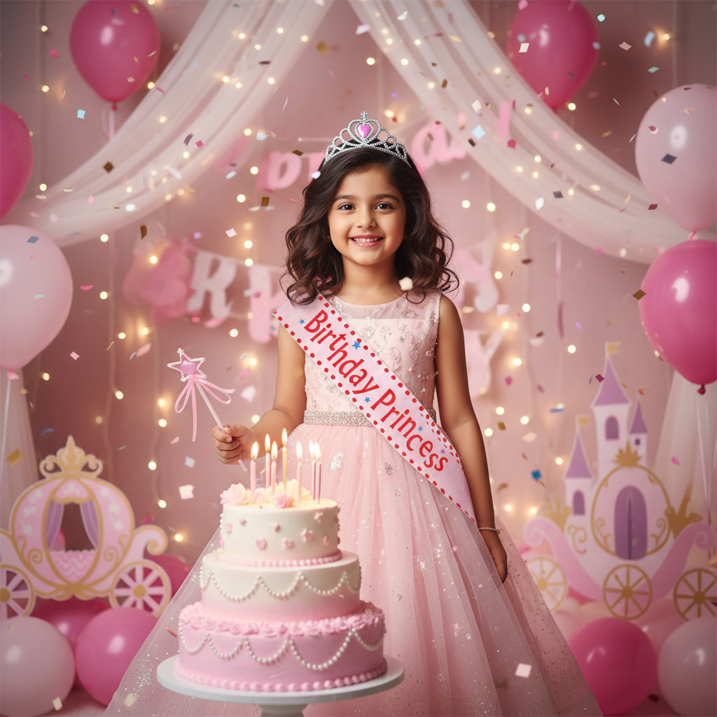 Indian birthday girl wearing pink Birthday Princess sash at princess themed party