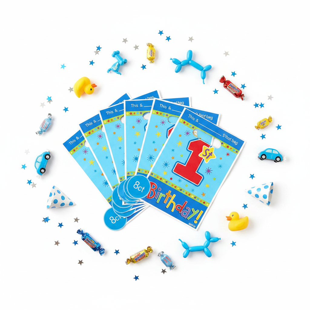 Hugs and Stitches Boy 1st Birthday Loot Bags Flat Lay Product Shot