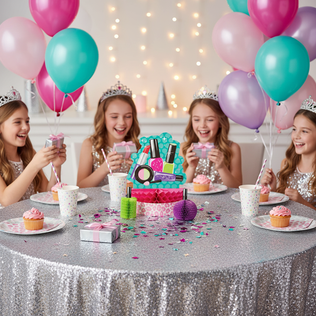 Glitzy girl makeup honeycomb centerpiece as focal point at glamorous girls birthday party