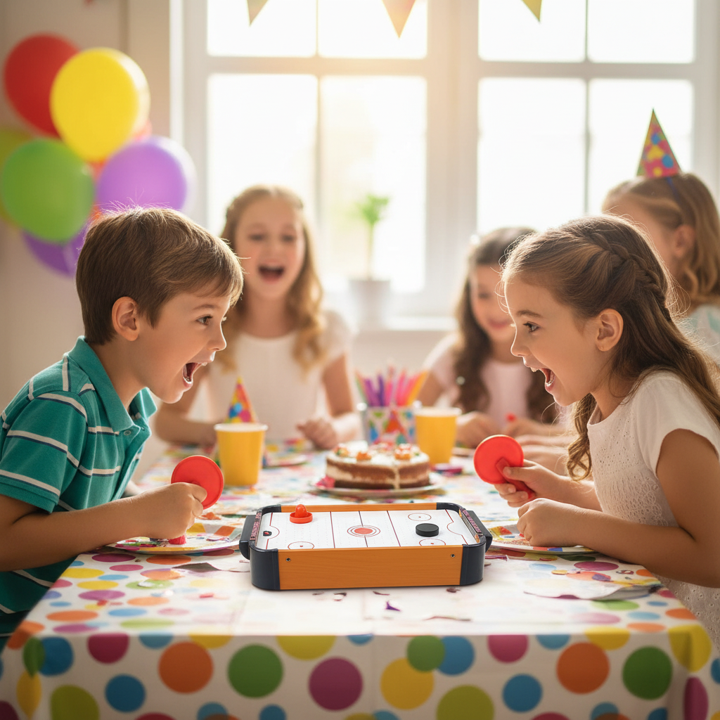 Two kids competing on mini wooden air hockey table at birthday party with paddles and puck cheerful fun atmosphere