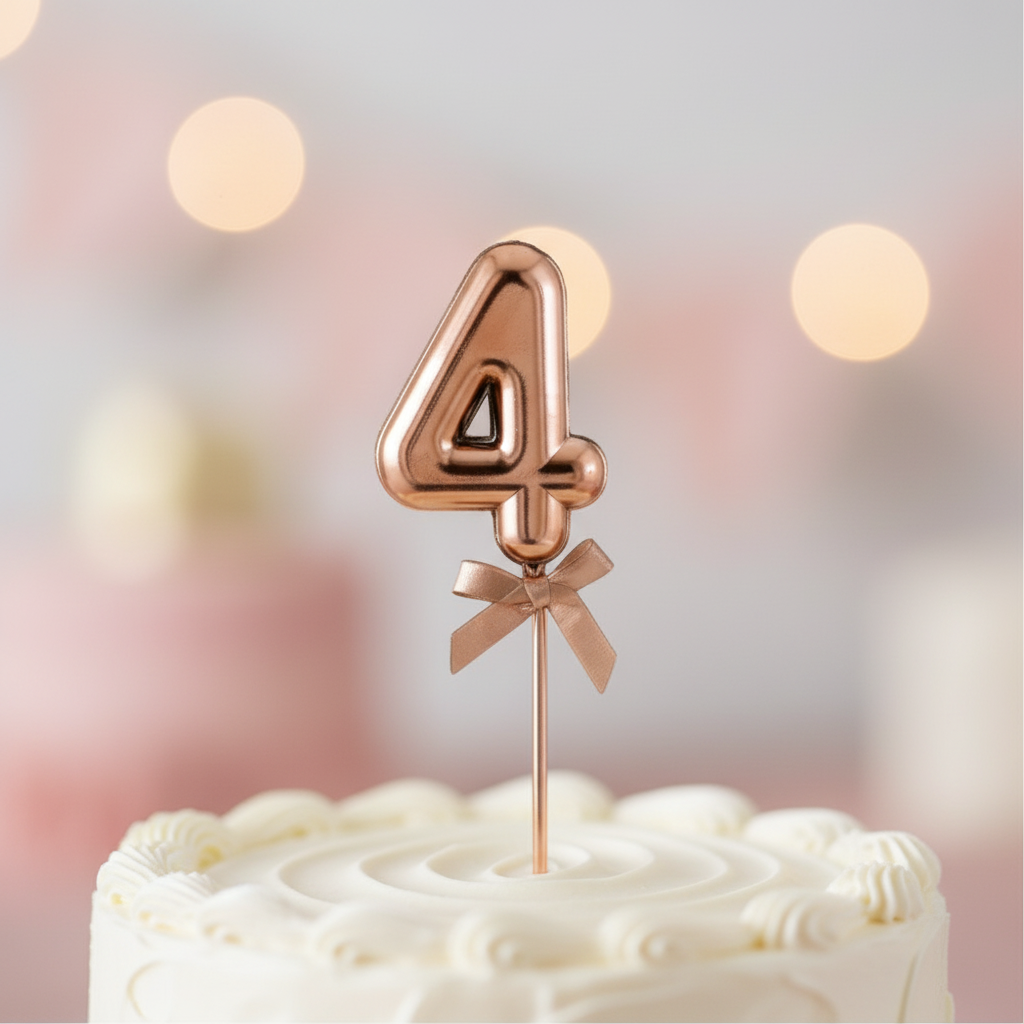 Close up detail of rose gold number 4 cake topper showing metallic finish and bow detail