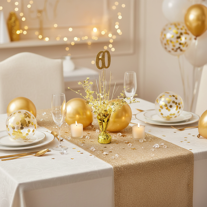 Glamorous 60th birthday party table with gold glittery starburst centerpiece number 60 topper gold balloons and confetti