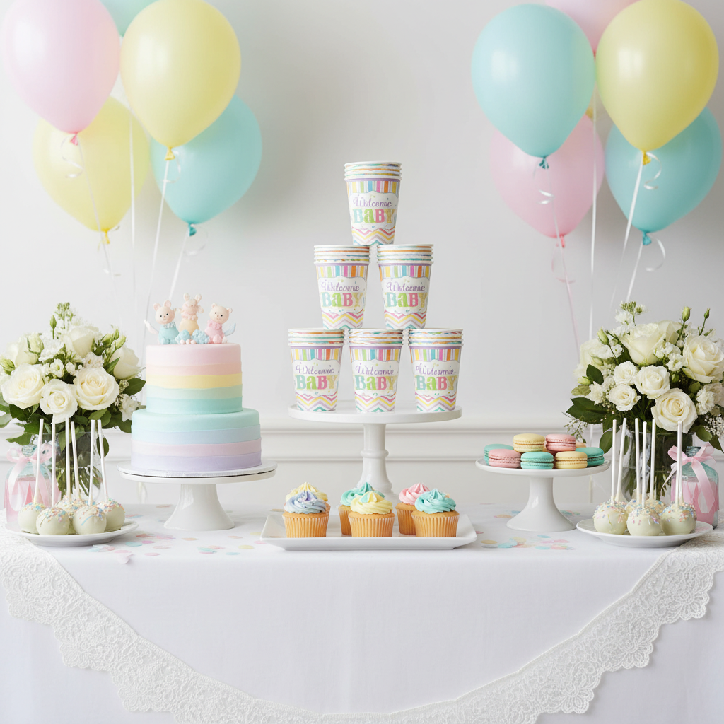 Welcome Baby Shower Paper Cups on Baby Shower Dessert Table with Cupcakes and Macarons
