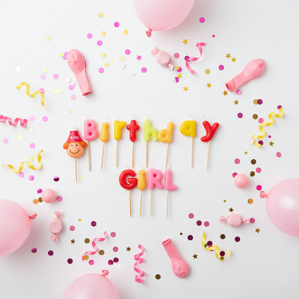 Flat lay of colorful Birthday Girl character letter candles with pink balloons and confetti on white background