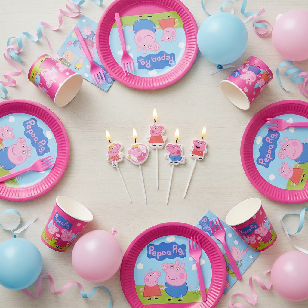 Peppa Pig candles flat lay with themed tableware and party setup
