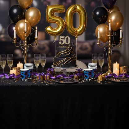 50th Birthday Paper Cups on Glamorous Party Table with Black Gold Purple Decorations