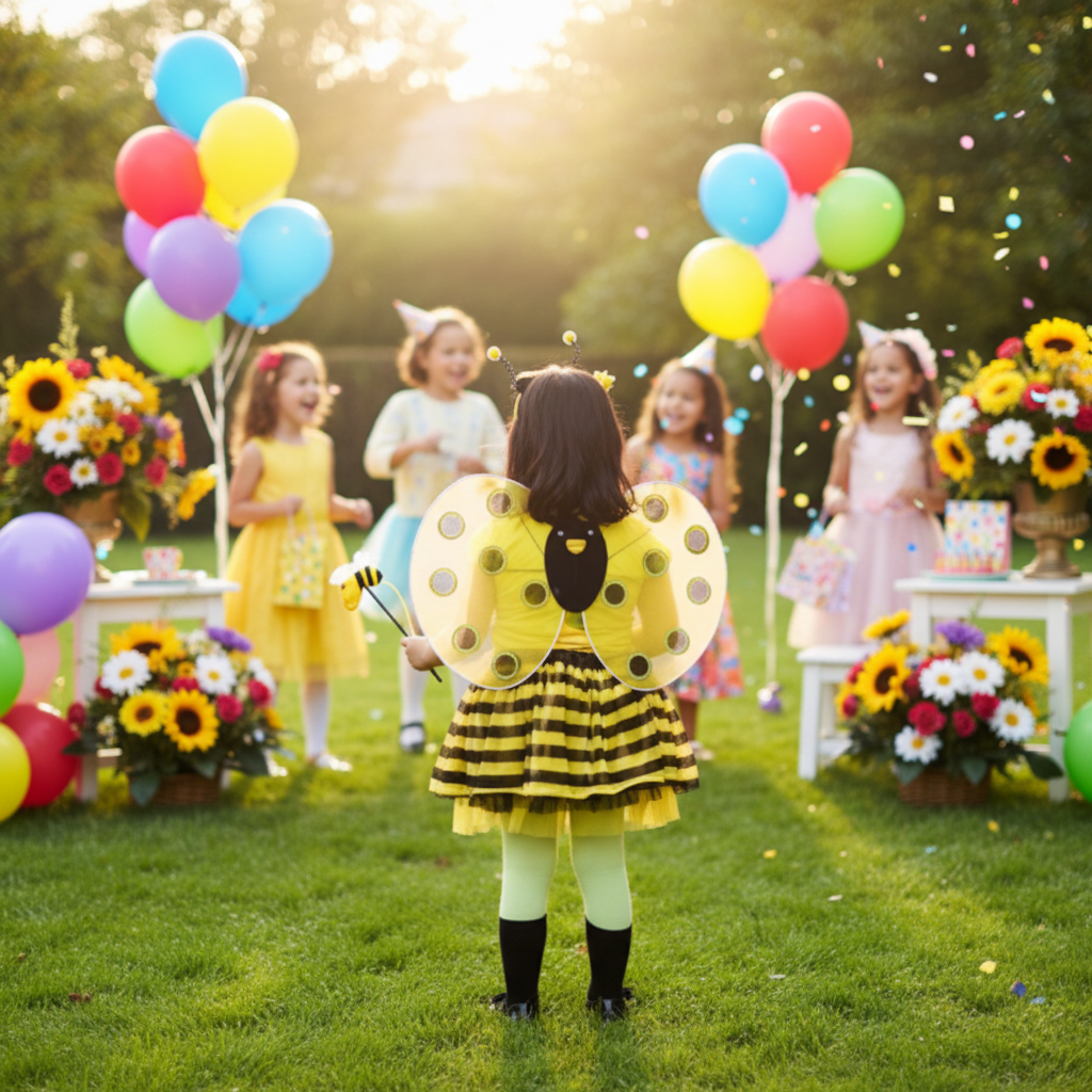 Cute little girl wearing yellow and black honey bee costume with wings tutu skirt and headband at birthday party
