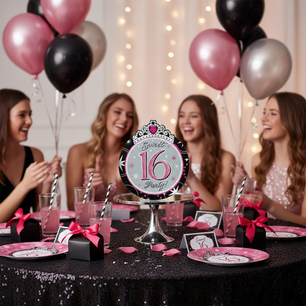 Sweet 16 Jumbo Round Invitations at Party Table Setup