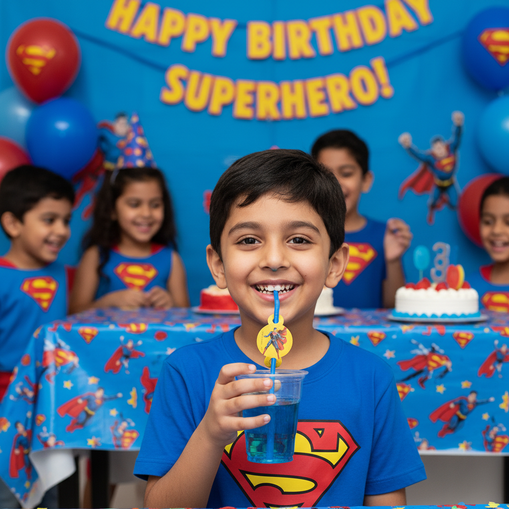 Boy drinking from Superman straw at birthday party