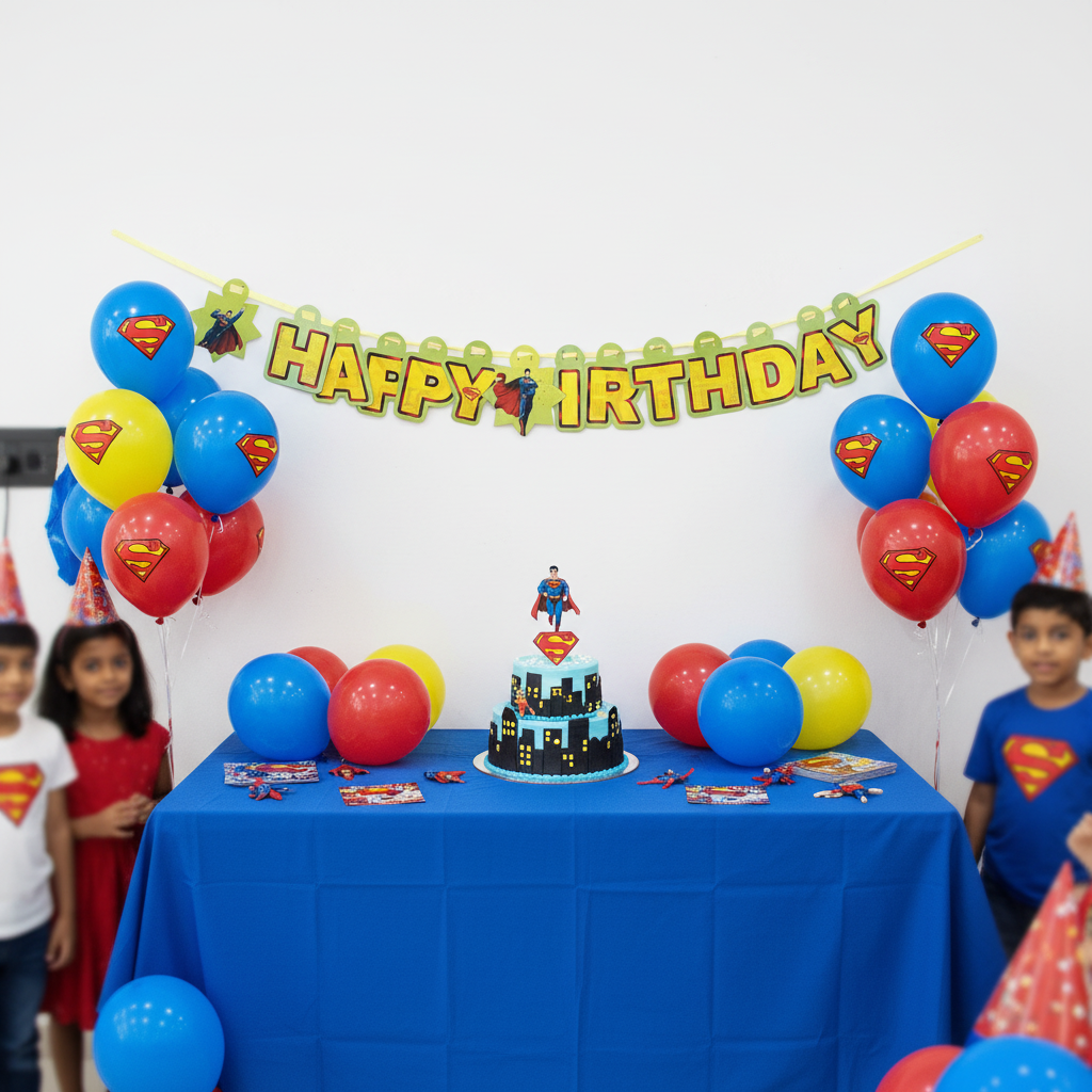 Superman Happy Birthday banner hung on wall at kids Superman themed birthday party with blue red balloons