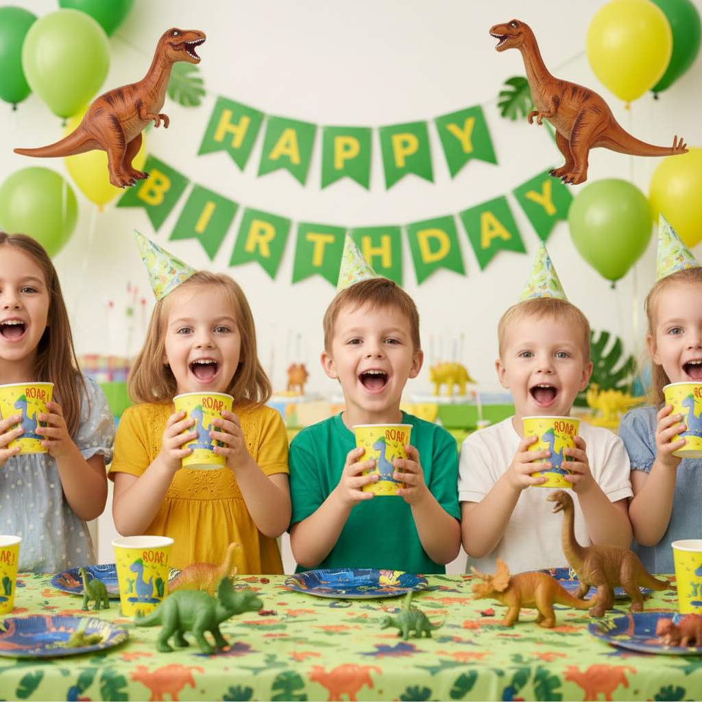 Kids Holding Dinosaur Theme Paper Cups at Dinosaur Birthday Party