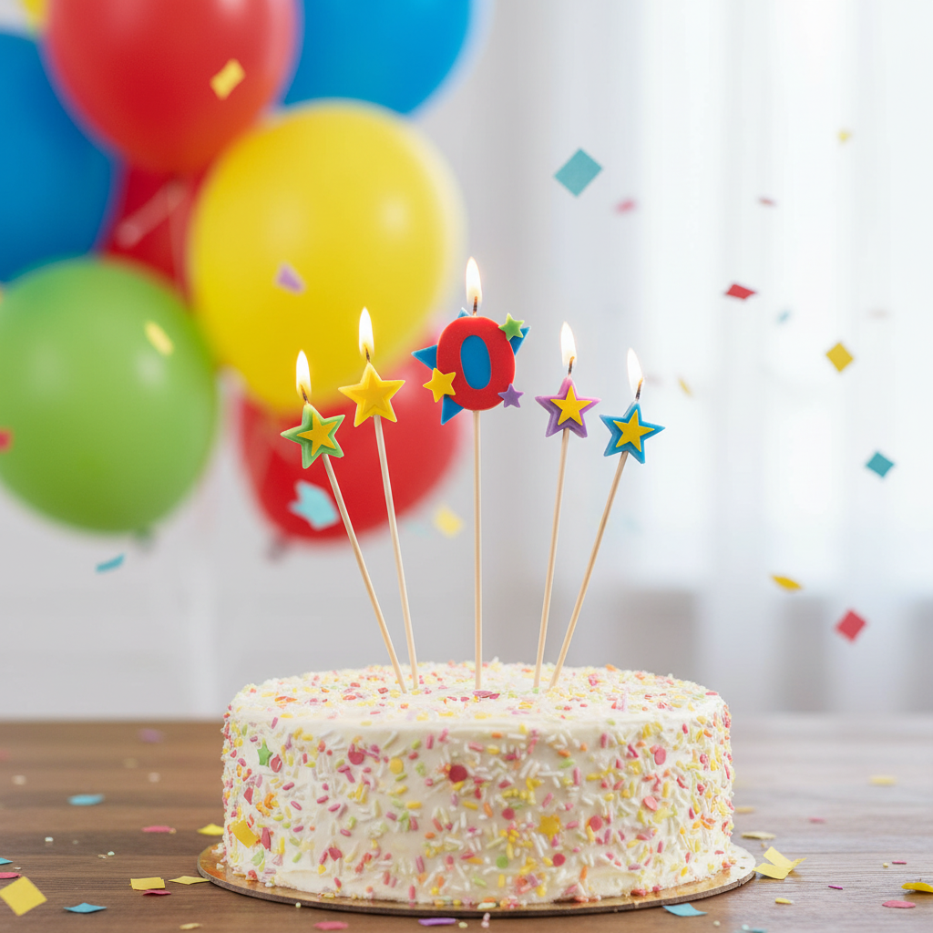 Star pick number 0 candles on white frosted cake with colorful balloons and confetti