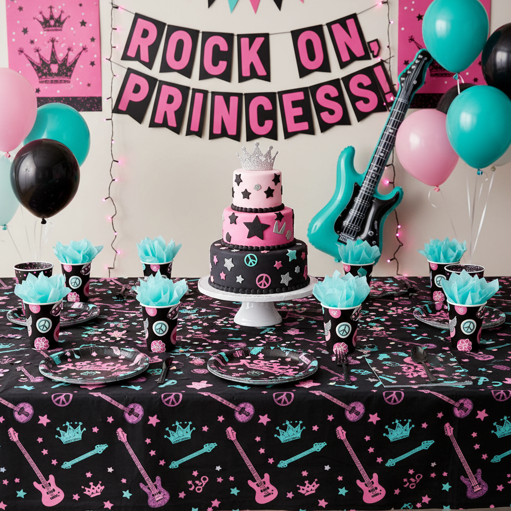 Rocker princess birthday party table setup with themed cups
