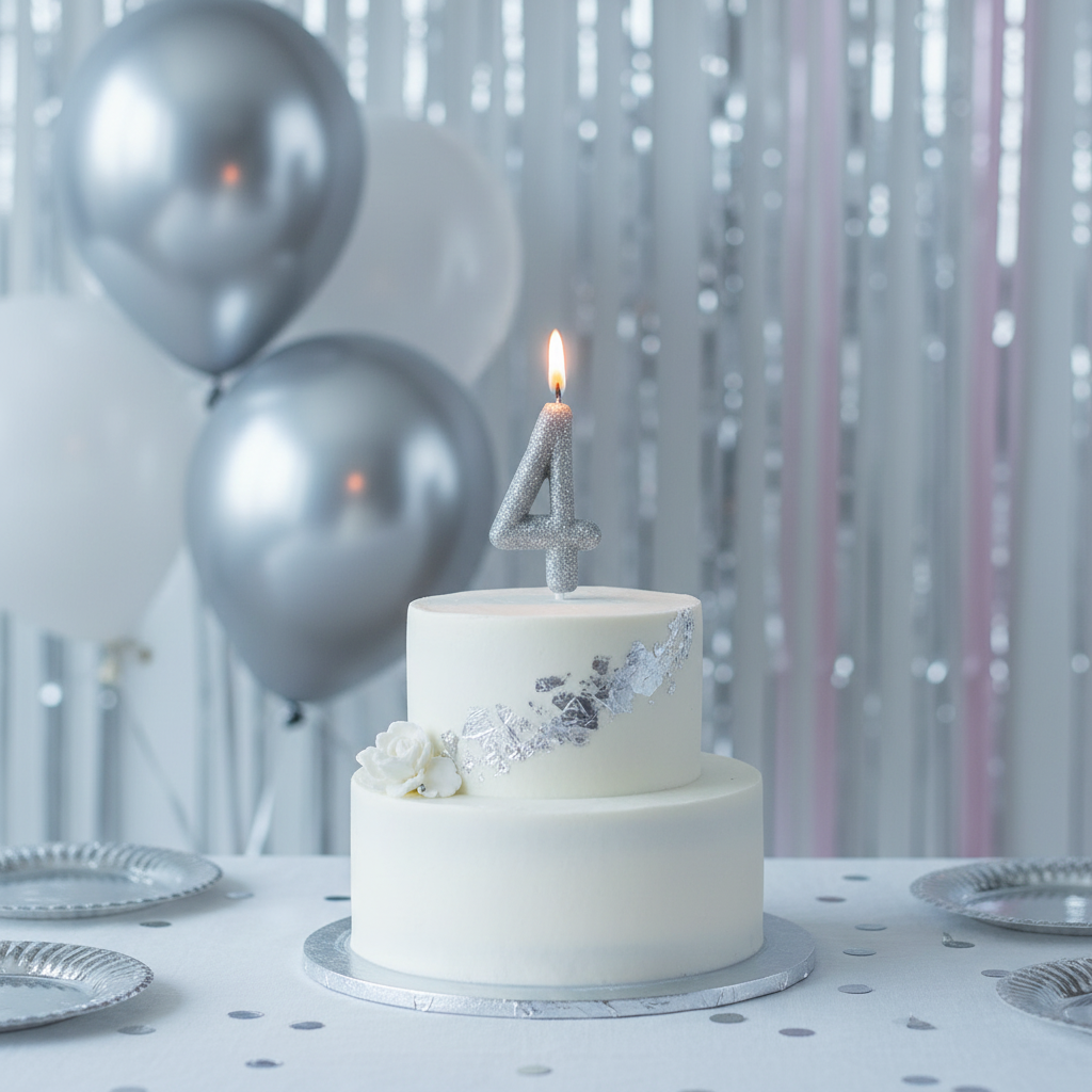 Silver glitter number 4 candle lit on white frosted birthday cake with silver balloons