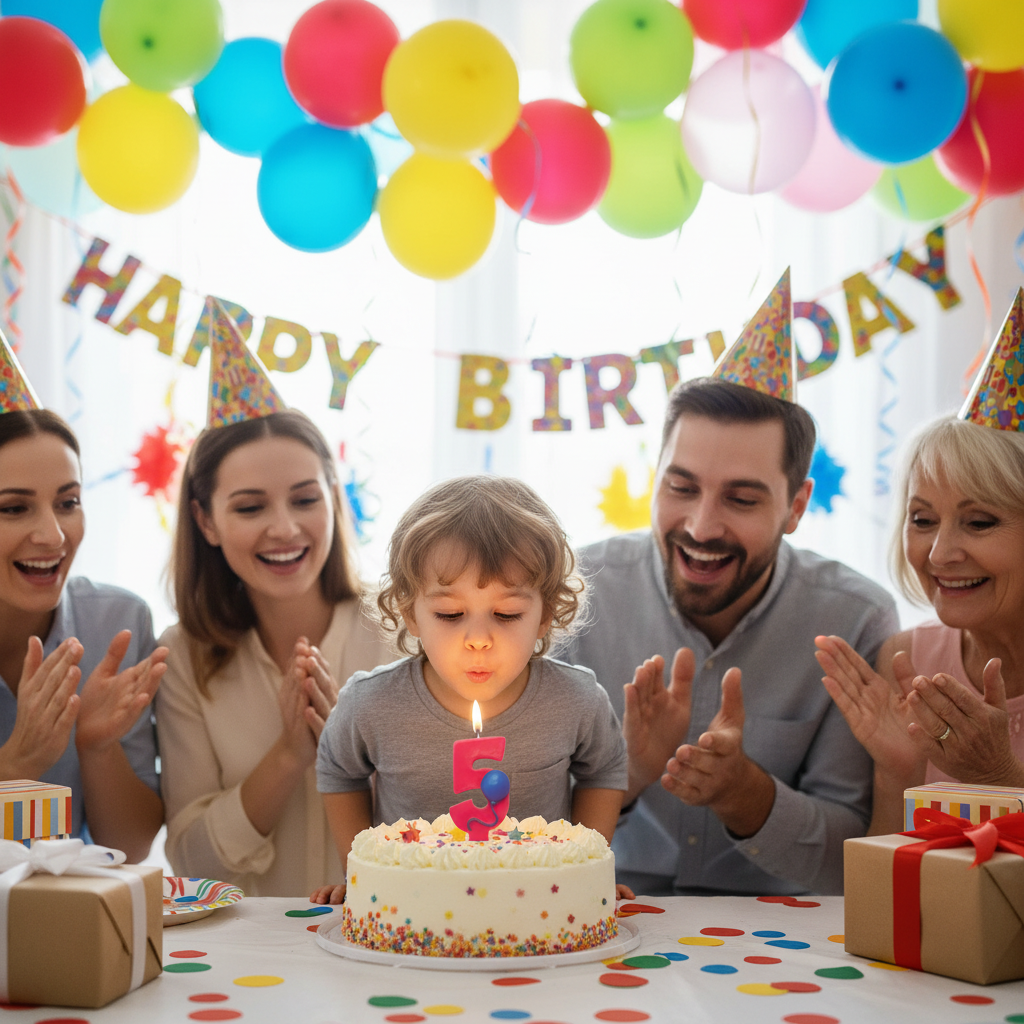 Child celebrating 5th birthday blowing red number 5 balloon candle on cake with family