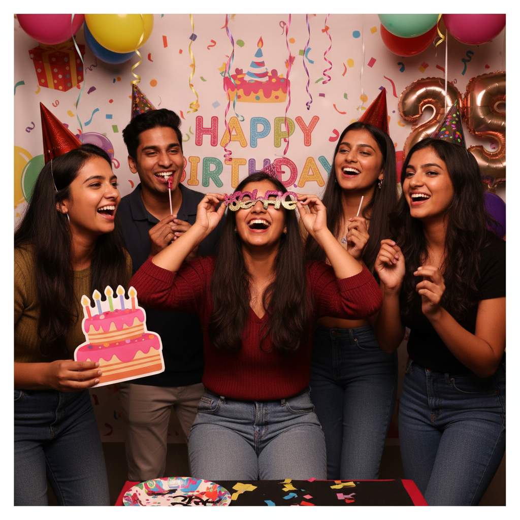 Group of friends at birthday party photo booth with selfie shades