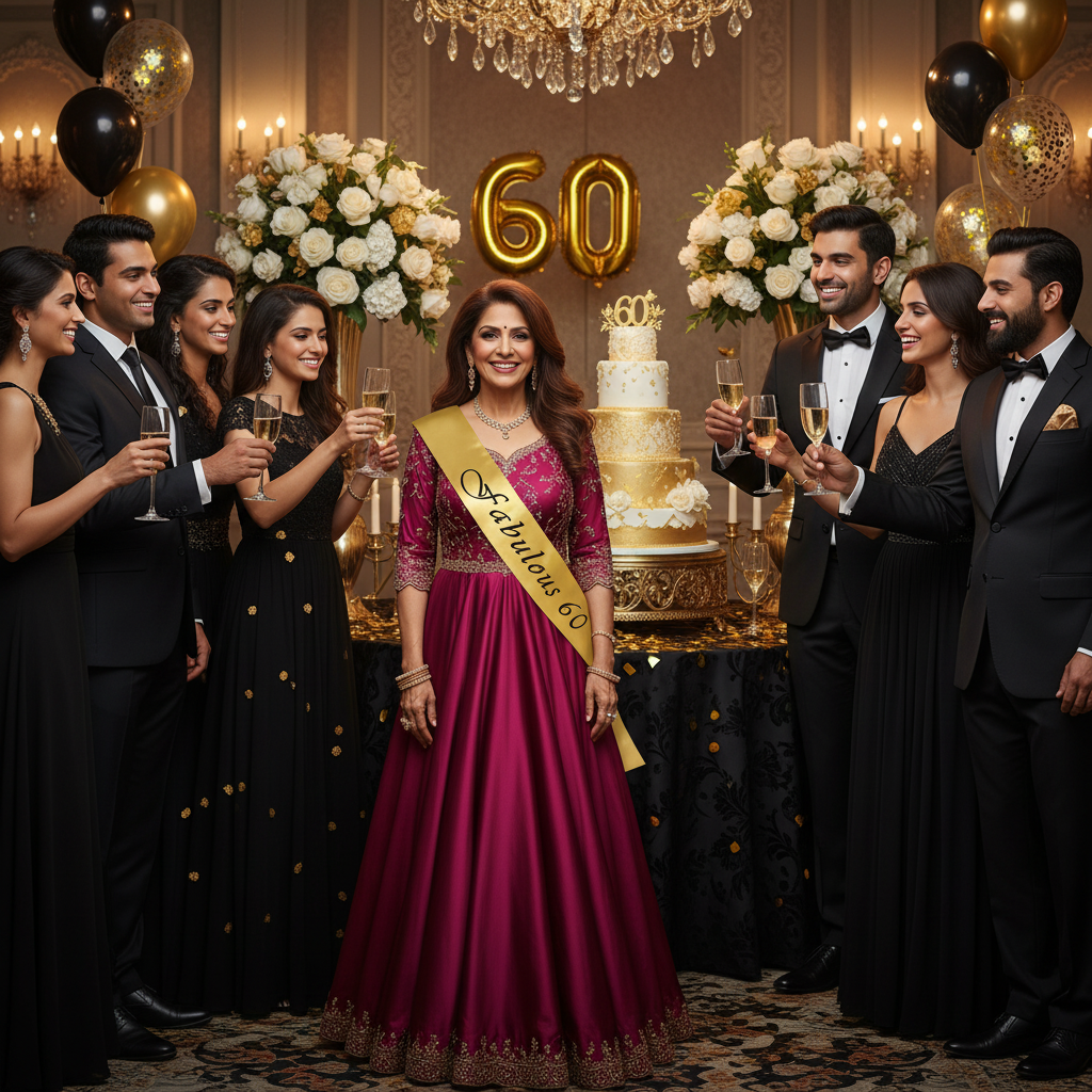 Elegant Indian woman wearing gold Fabulous 60 satin sash at 60th birthday party