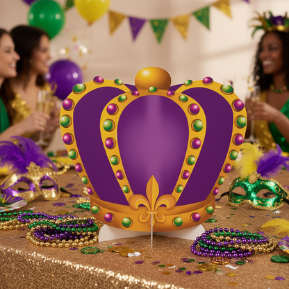 Large purple and gold Mardi Gras crown cutout decoration at party table with colorful beads masks and festive decorations
