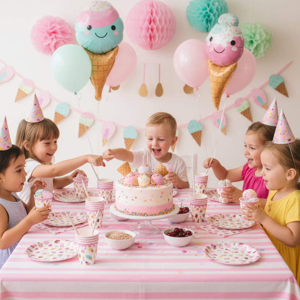 Ice Cream Theme Party Cups on Kids Ice Cream Themed Birthday Party Table